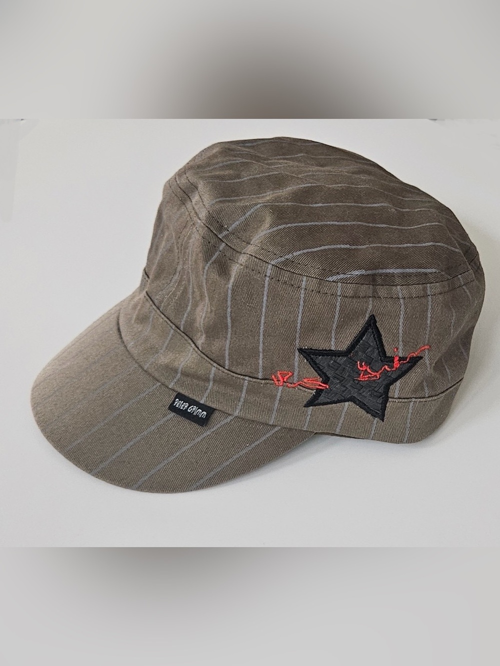 Peter Grimm Brown green Pinstripe Cadet Hat with Black Star&Red Stitching size S